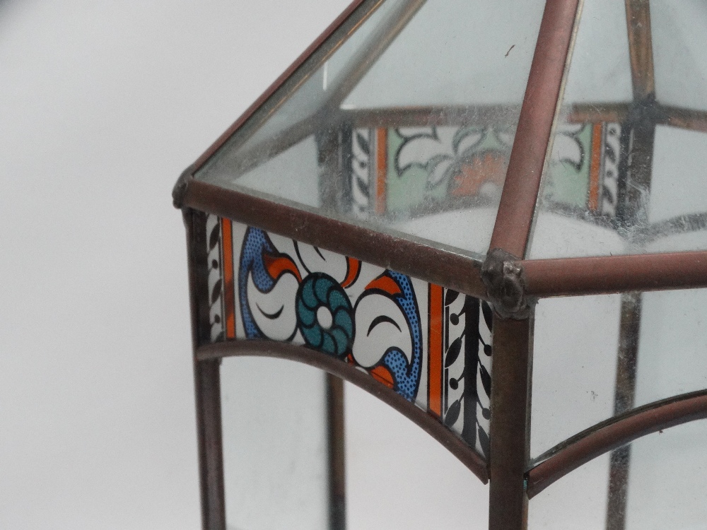 Terrarium - An early 20th century hexagonal glazed, stained glass and copper terrarium on an oak - Image 2 of 4