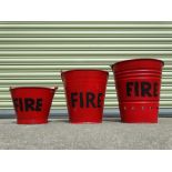 Fire buckets - Three fire buckets, largest height 33cm, width 33cm.