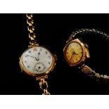 9ct gold watches etc - A gentlemans 9ct gold cased watch with porcelain dial, red 12 and inset