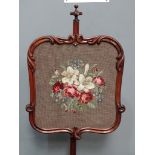 Victorian rosewood polescreen - An adjustable height acanthus carved screen with woolwork floral