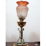 19th century Arts and Crafts oil lamp - A W.A.S. Benson style with cast clear and amber frilled