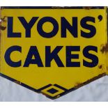 Wall mounted, double sided Vitreous Enamel advertising sign - 'Lyons Cakes', navy blue on yellow