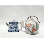 Chinese 20th century ceramics - A teapot decorated with a female figure and a flowering tree with