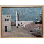 20th century Arab School Arabic street scene with minarets Oil on canvas Bears arabic script verso