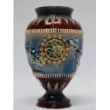 Doulton Lambeth - A baluster pedestal vase with bas relief, stamped 1884 and maker's marks E and