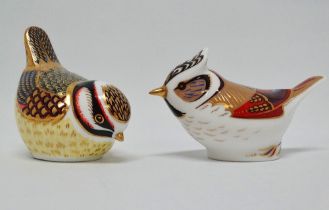 Royal Crown Derby paperweights - A Great Tit 'LVII' and a Crested Tit 2001, largest length 10.5cm.