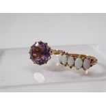 A 9ct gold ring set five opals, size Q and a 9ct gold ring set an amethyst, size N.