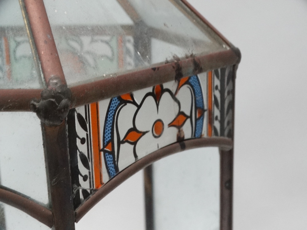 Terrarium - An early 20th century hexagonal glazed, stained glass and copper terrarium on an oak - Image 3 of 4