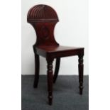 19th century mahogany hall chair - A dome topped solid seat chair with turned and carved front legs,