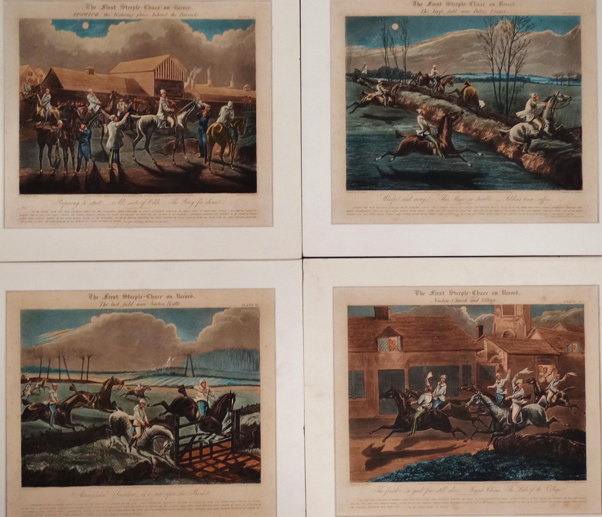 J. HARRIS after H. Alken A set of four hand coloured engravings The First Steeple-Chase on Record,