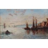 19th Century Italian School Early Morning Shipping Scene Oil on canvas Monogrammed and dated 89