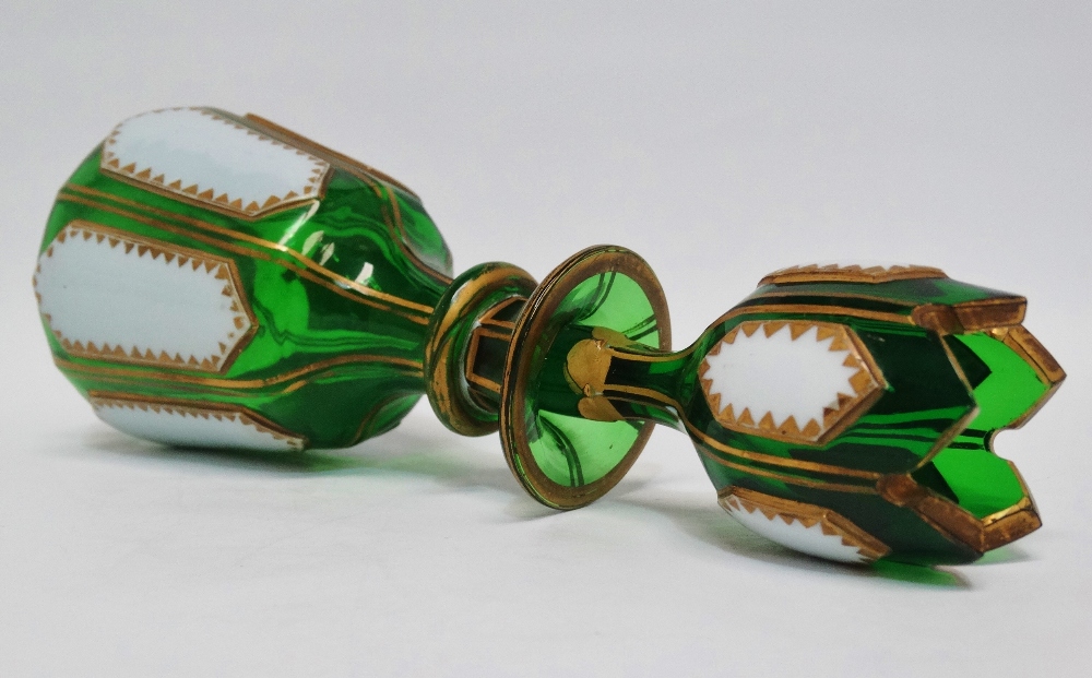 Bohemian Glass - A green glass gilt and white enamel small decanter and stopper, height 21cm. - Image 3 of 3