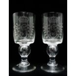George III glasses - A pair of wheel cut pedestal glasses with knop to stem and pontil scar to base,