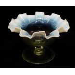 Vaseline Glass - A pedestal dish with frilled edge, height 10cm, diameter 14.5cm.