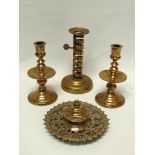 Victorian standish etc - A late Victorian cast brass circular desk stand with inkwell, together with