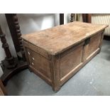 Early 18th century oak coffer of smaller proportions - A two panelled coffer with dowel joints,