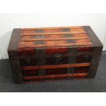 A 19th century steel bound and oak banded trunk/chest - The paper lined pine chest with twin