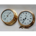 Sestral ship's clock and matching barometer - A brass cased 8 day clock with inset seconds dial at