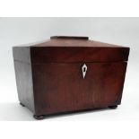 An early 19th century mahogany tea caddy - A two sectional sarcophagus tea caddy on squat bun