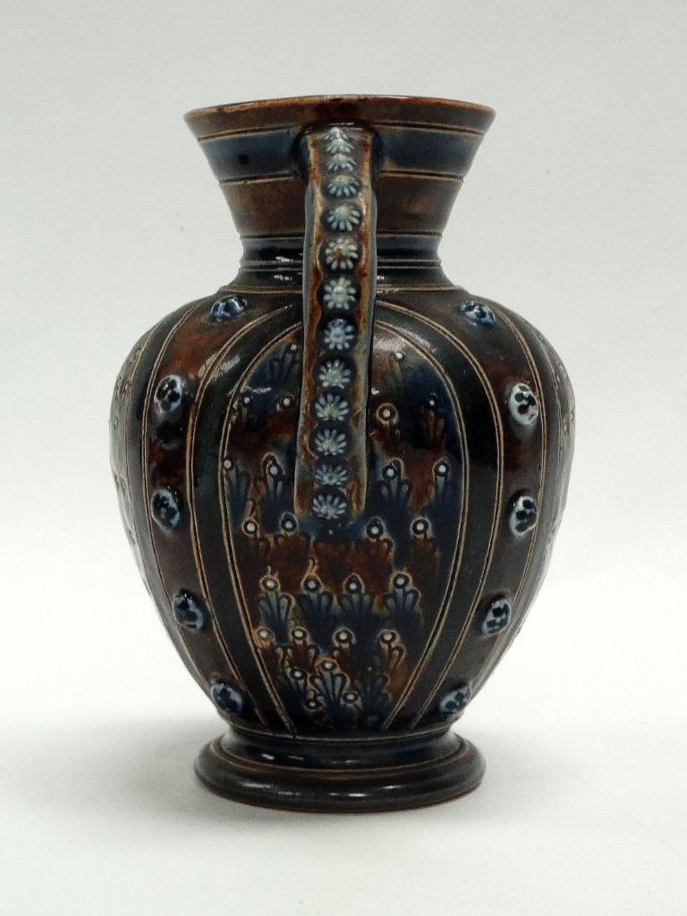 Doulton Lambeth - An 1871 glazed and prunt decorated jug with mask under spout, height 14.5cm, - Image 5 of 9