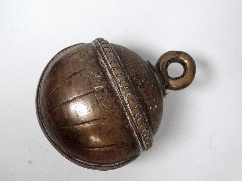 Indian 19th century brass crotal bells - One with Sanskrit inscription, both approximately - Image 4 of 5