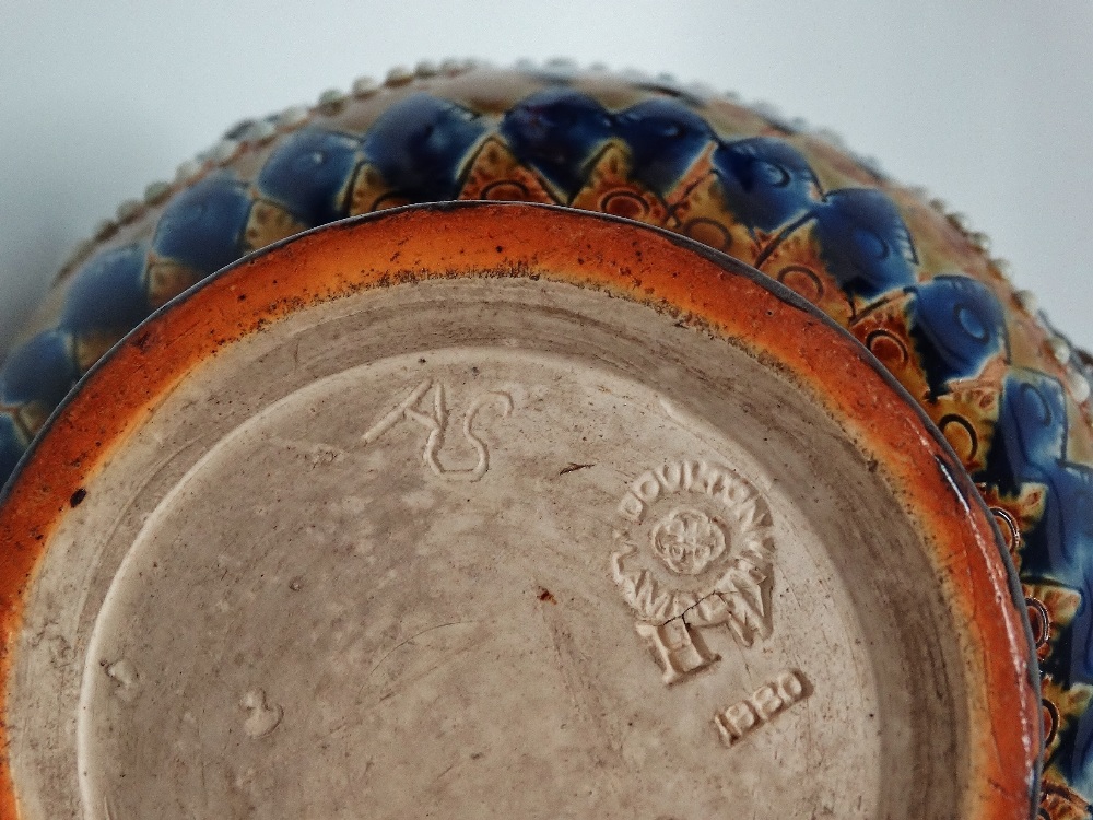A Doulton Lambeth 1880 - A pot bellied jug glazed and decorated in bas relief, stamped HW and - Image 6 of 6