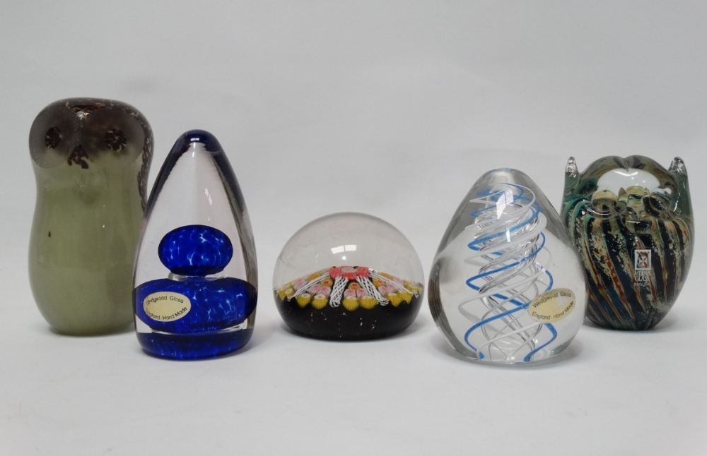 Glass paperweights - Five paperweights, three marked Wedgwood and one marked Mdina and another,