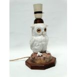 Owl electric table lamp - Formerly an oil lamp stand, a ceramic eared owl on base with octagonal