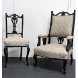 Victorian ebonised chaise suite - A double ended chaise with single armchair and two single chairs