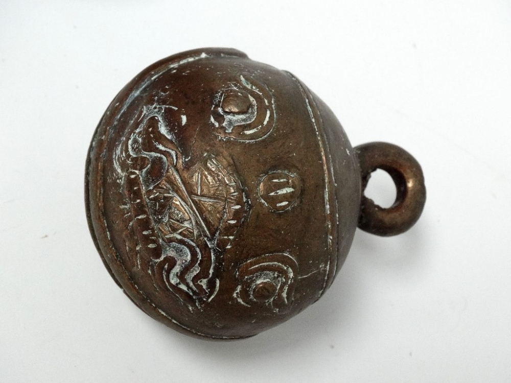 Indian 19th century brass crotal bells - One with Sanskrit inscription, both approximately - Image 3 of 5