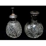 A cut glass and hallmarked silver topped scent bottle with glass stopper, together with associated