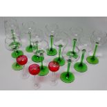 Hock glasses etc - A set of ten German hock glasses with green stems and bases, height 17.5cm,