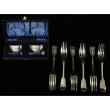 Six silver plated 'Fiddle' pattern table forks, together with a cased cruet set of boat shaped salts