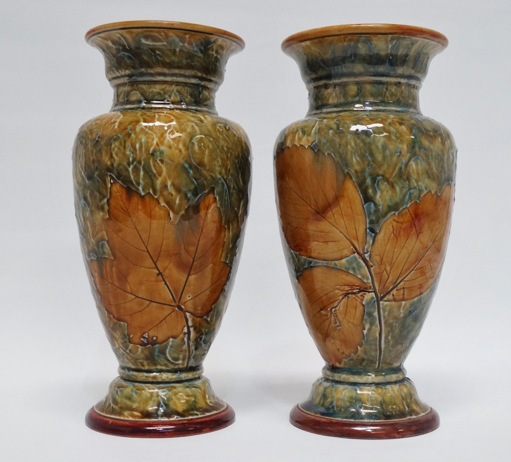 Doulton Lambeth - A pair of Leafware baluster vases, No.r00 and maker's mark ER to base, height 22. - Image 2 of 7