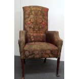 Queen Anne style chair - A walnut framed pad foot sprung upholstered high back armchair, height