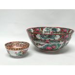 Chinese 20th century famille rose bowls - A large hand painted bowl gilt decorated with birds,