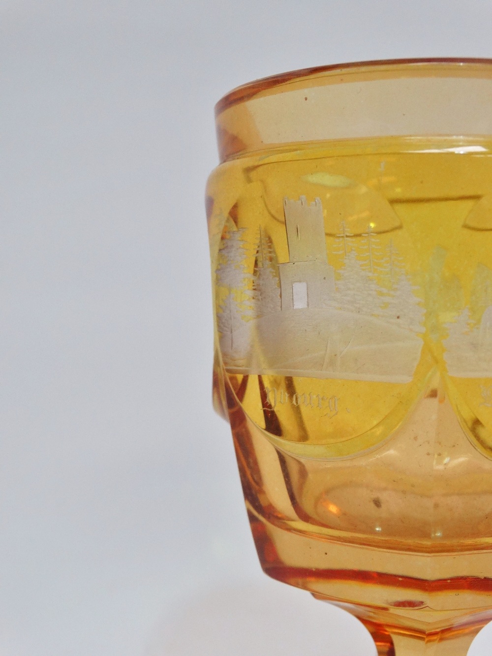 Bohemian Glass - An amber pedestal goblet with flush cut vignettes of Chateau d'Eberltein and four - Image 2 of 6