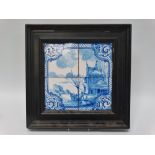 Delft - NL Schelfout, a framed four tile pictorial depiction showing a horse drawn sledge being