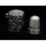 A silver floral embossed thimble case, marked 925, together with a silver thimble, Birmingham