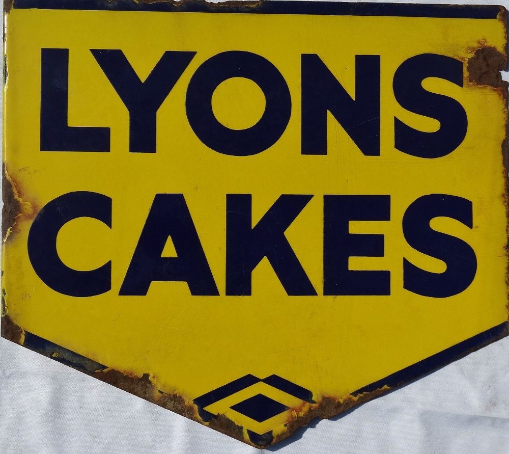 Wall mounted, double sided Vitreous Enamel advertising sign - 'Lyons Cakes', navy blue on yellow - Image 2 of 2