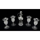 Thistle glasses and matching small decanter - A set of four pedestal thistle aperitif glasses with