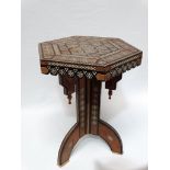 Ottoman/Damascan occasional table - An hexagonal topped mosaic table on triform base, height 52cm,