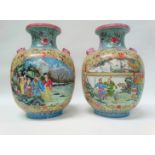 A pair of 19th century Chinese vases on stands - Famille jaune vases, the ground with floral and