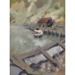 Boats Moored In The Creek Oil on board Monogrammed Framed Picture size 52 x 40cm Overall size 69 x