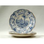 Indian blue and white plates - Three J & BG plates, labelled 'Surseya Ghaut Khanpore' to base,