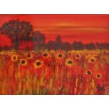 JU-JU (XX-XXI) West African Field of Sunflowers Oil on canvas board Signed Framed and glazed Picture