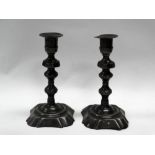18th century pewter candlesticks - A pair of square shaped base, turned column candlesticks,