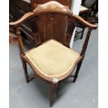 A late Victorian inlaid mahogany corner chair - With turned supports, shaped arms, strung and inlaid