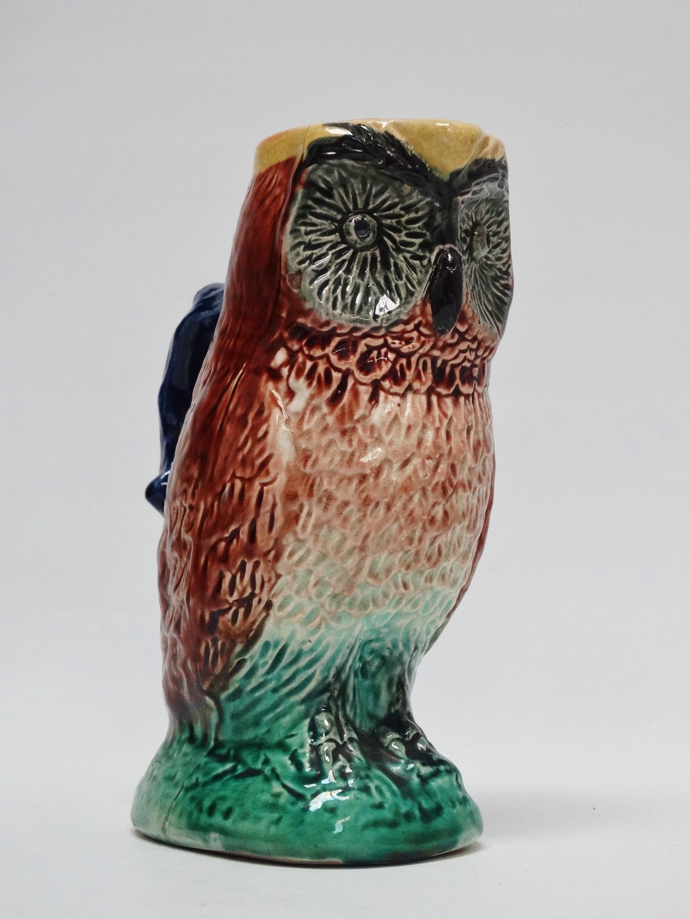 Majolica - A 19th century owl jug, height 16.5cm.