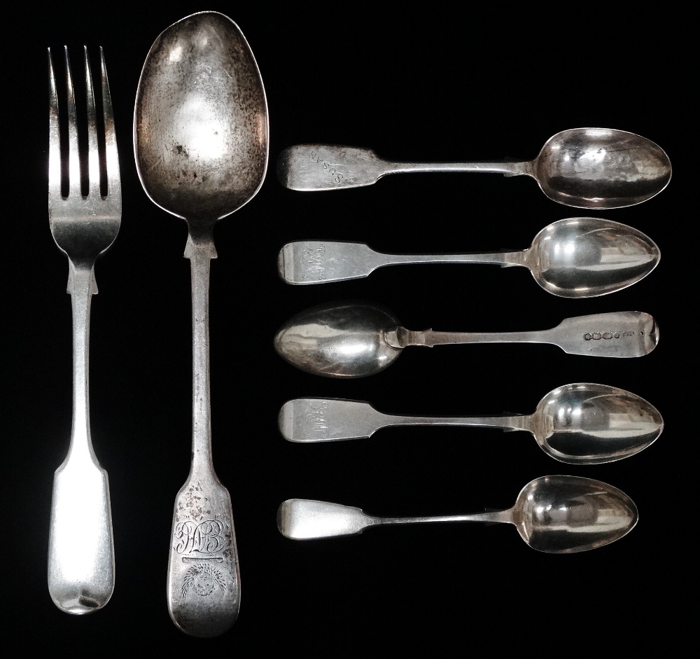 Three silver teaspoons, Exeter 1851, maker's mark for William Pope, two silver teaspoons, Exeter